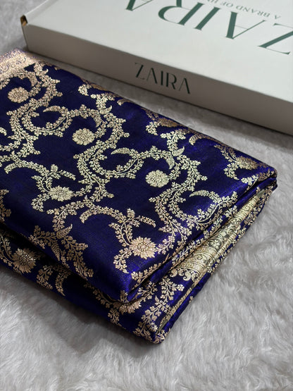 Royal Blue Contrast Beige Shades Jaal Pattern Banarasi Satin Silk Saree SS47