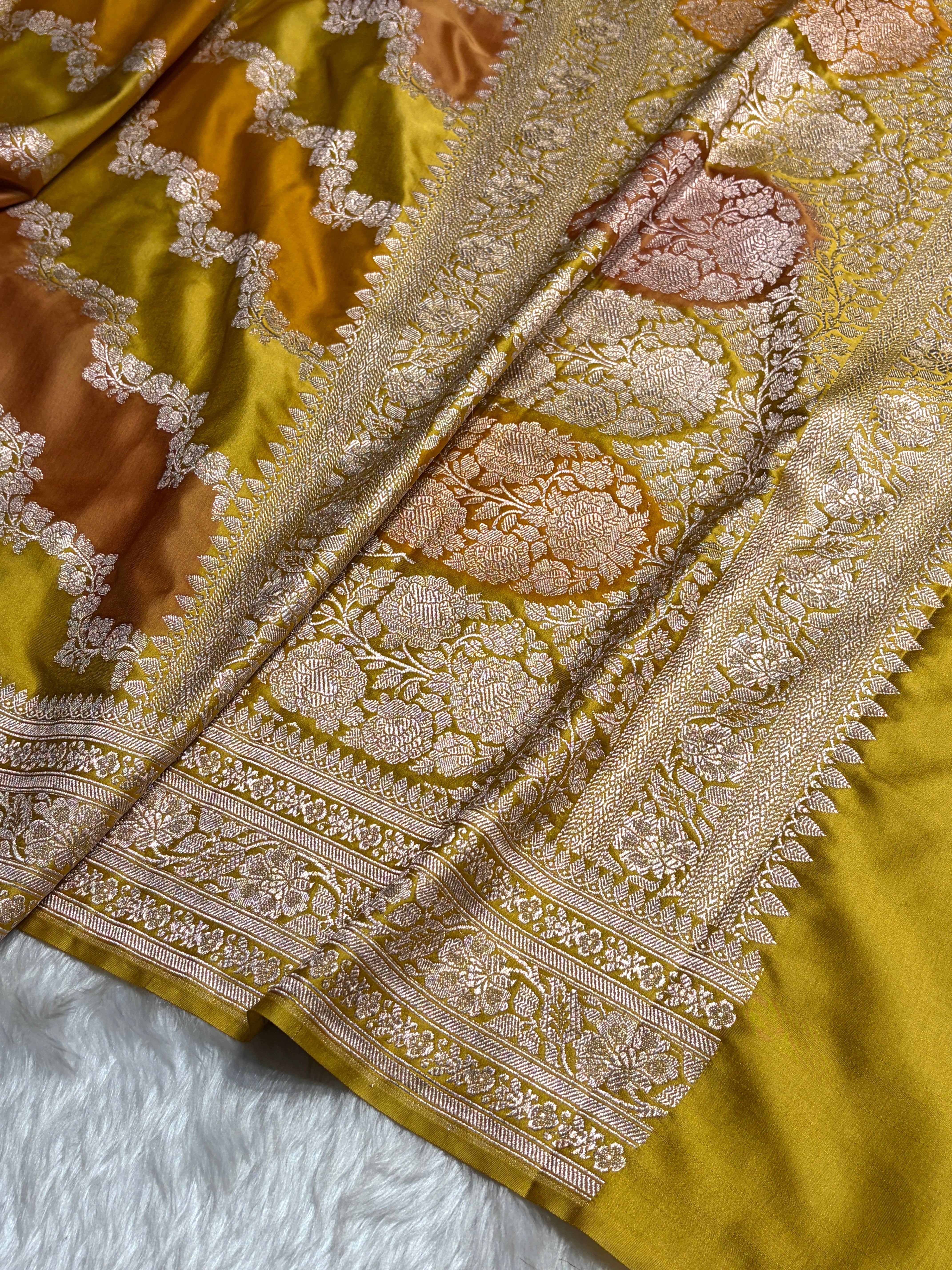 Mustard Rangkat Mashru Silk Saree With Cross Pattern MSRK02