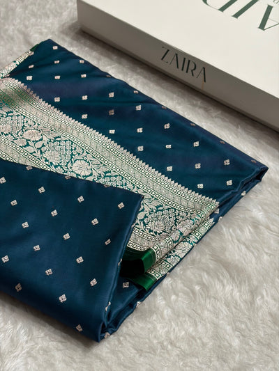 Contrast Peacock / Rama Shade With Booti Pattern Mashru Silk Saree