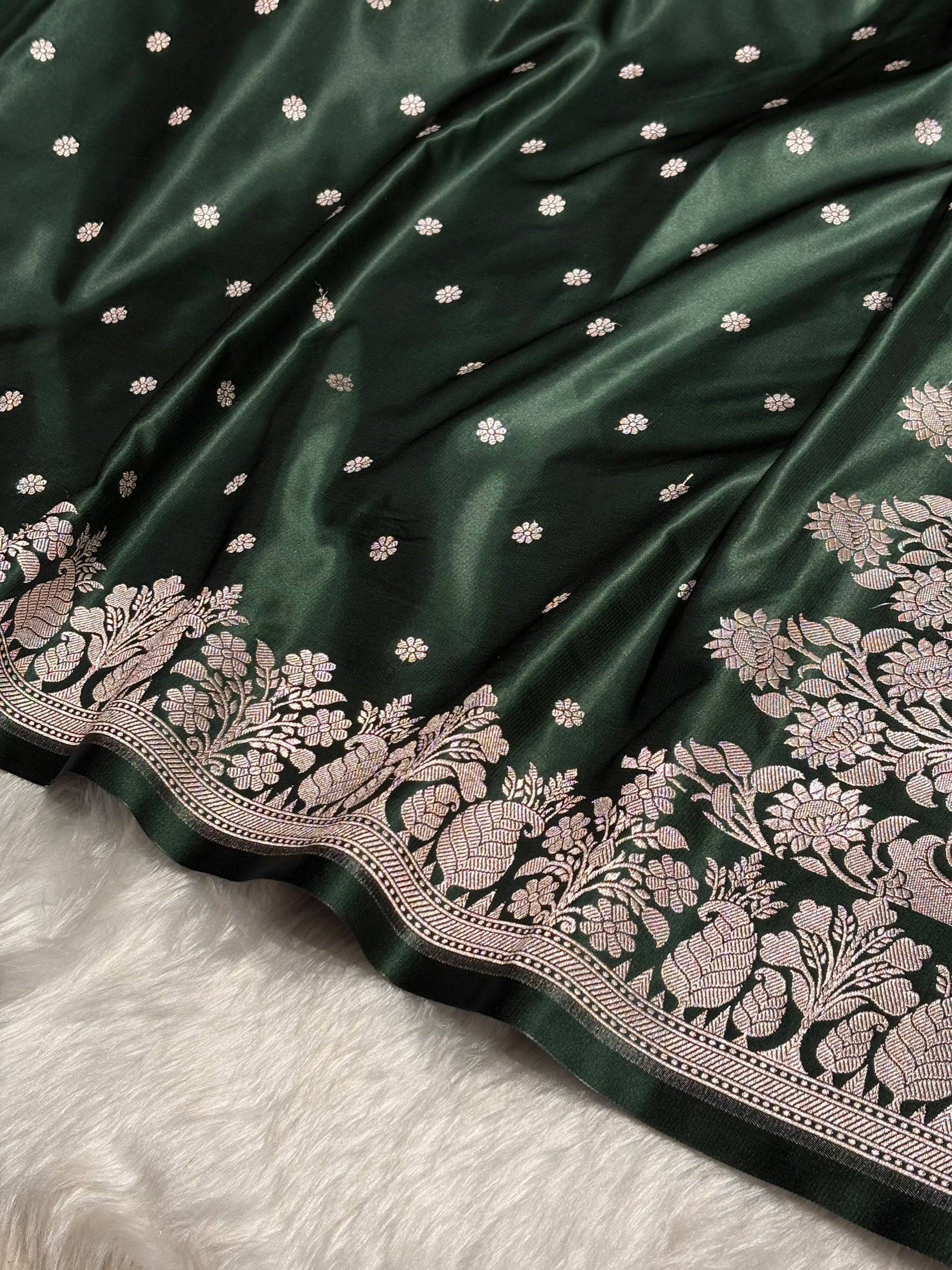 Bottle Green Shades Floral Boota With Floral Border Mashru Silk Saree MSM 79