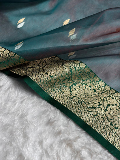 Contrast Pure Banarasi Organza Reddish Rama With Bottle Green Floral Banarasi Silk Saree PO-12