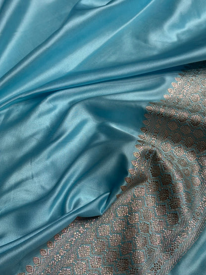Banarasi Tanchoi Sky Blue Floral Booti Mashru Silk Saree MS59