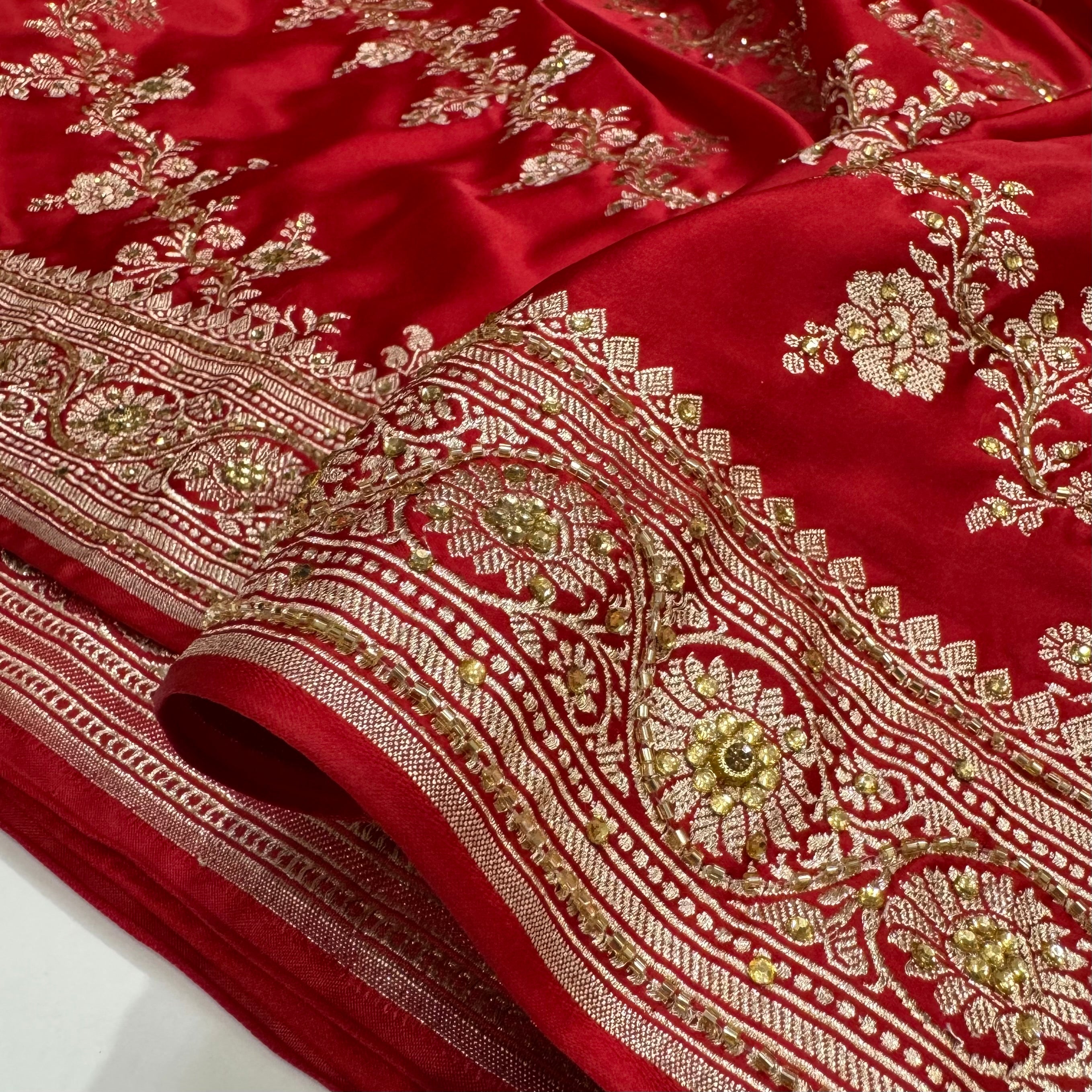 Bridal Red Mashru Silk with Ari and Stone