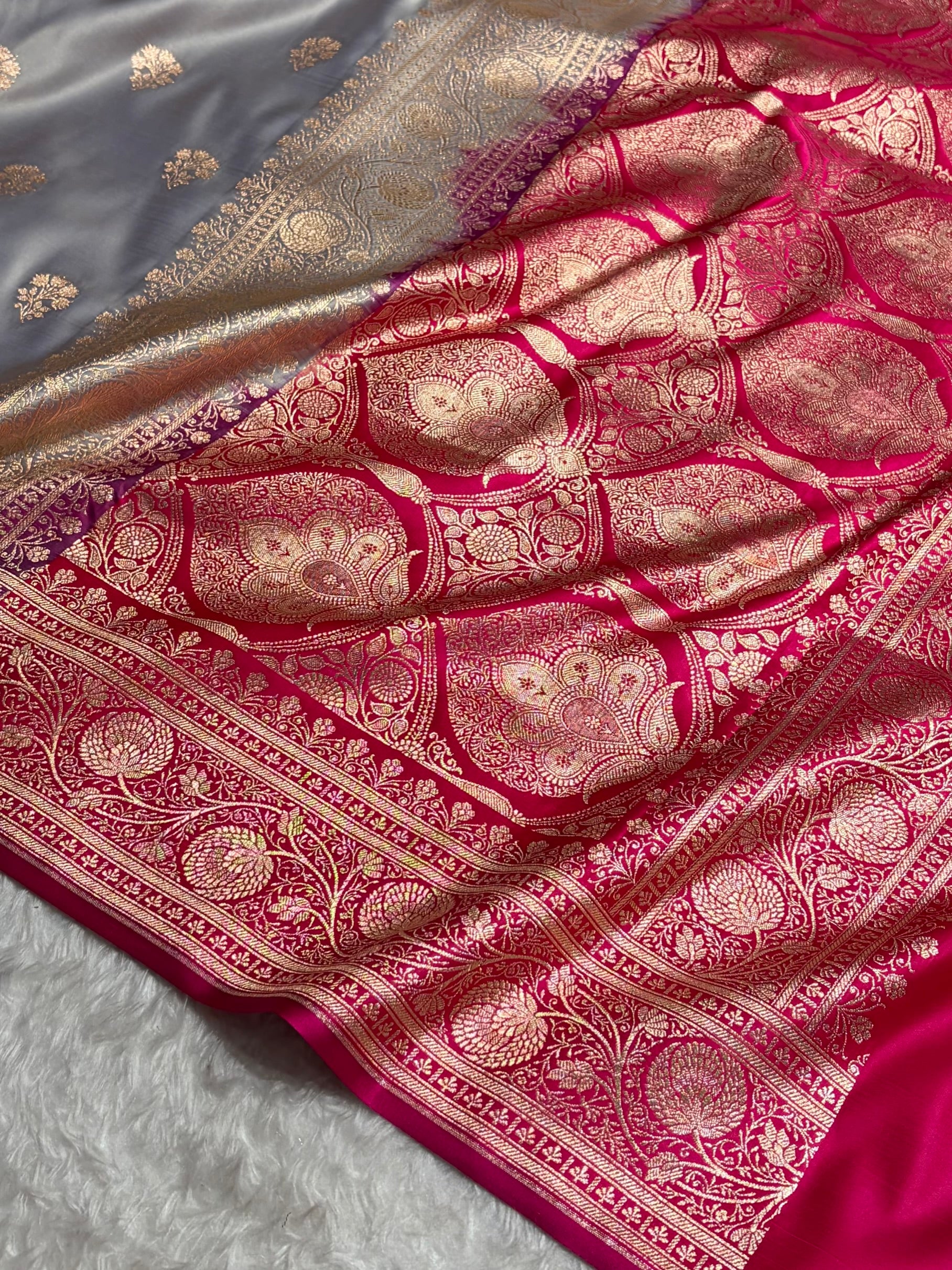 Cross Grey - Rani Banarasi Boota Katan Silk Saree SKM29