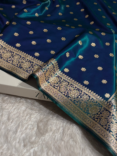 Banarasi Peacock Shades Booti Pattern Banarasi Satin Silk Saree SS63