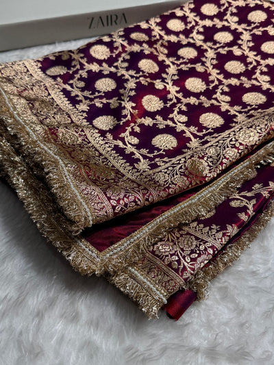 Banarasi Reddish Purple Satin Silk Saree with Gota Patti SSGP15