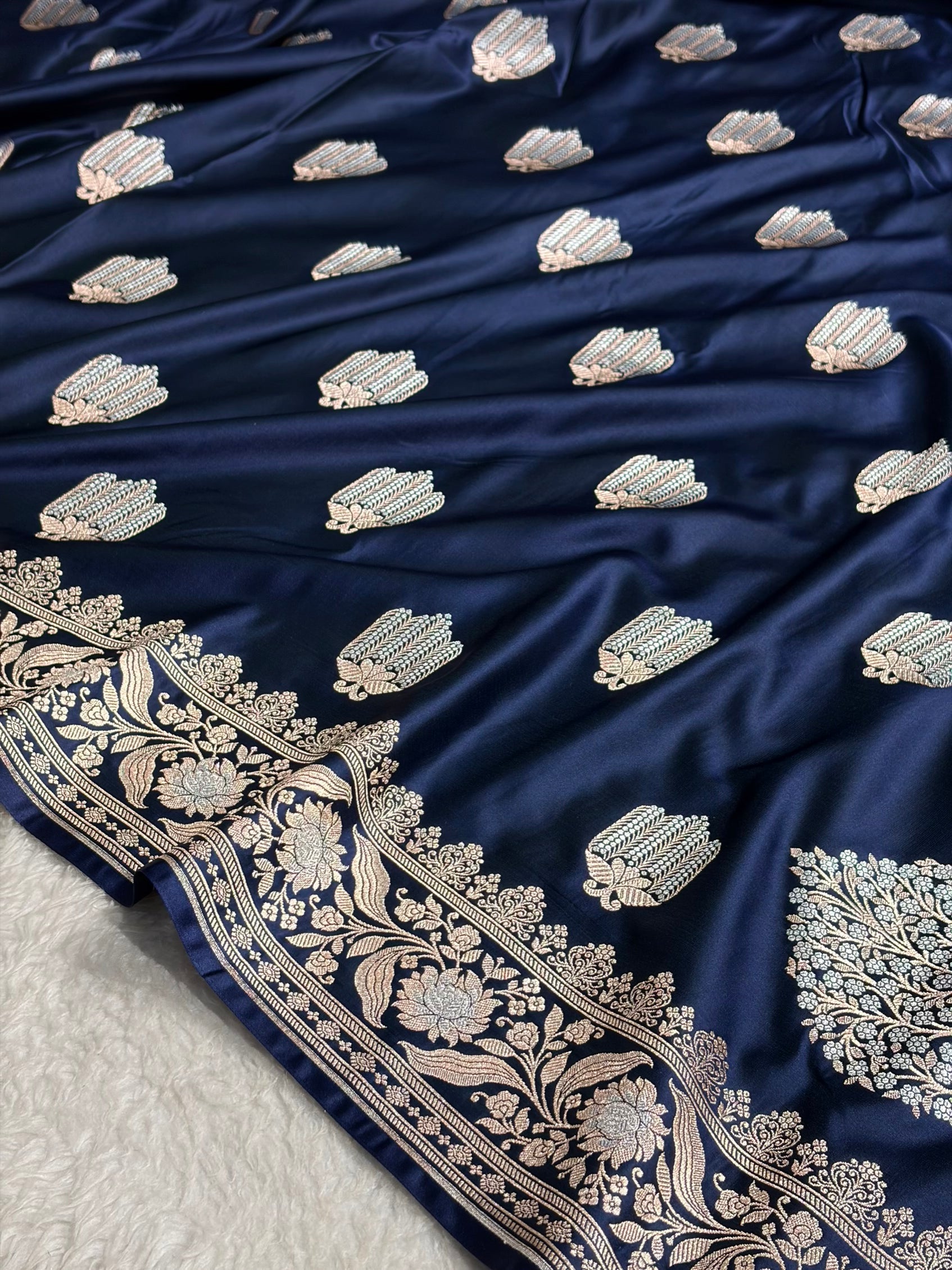 German Blue Shades Banarasi Boota Pattern Minakari Floral Mashru Silk Saree MSM-122