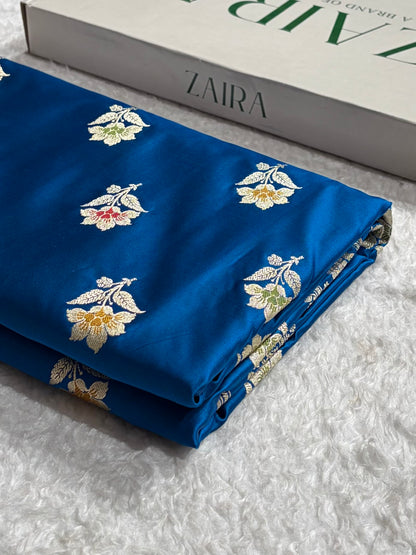Premium Banarasi Satin Katan Saree With Minakari Boota in German Blue Shades SK112