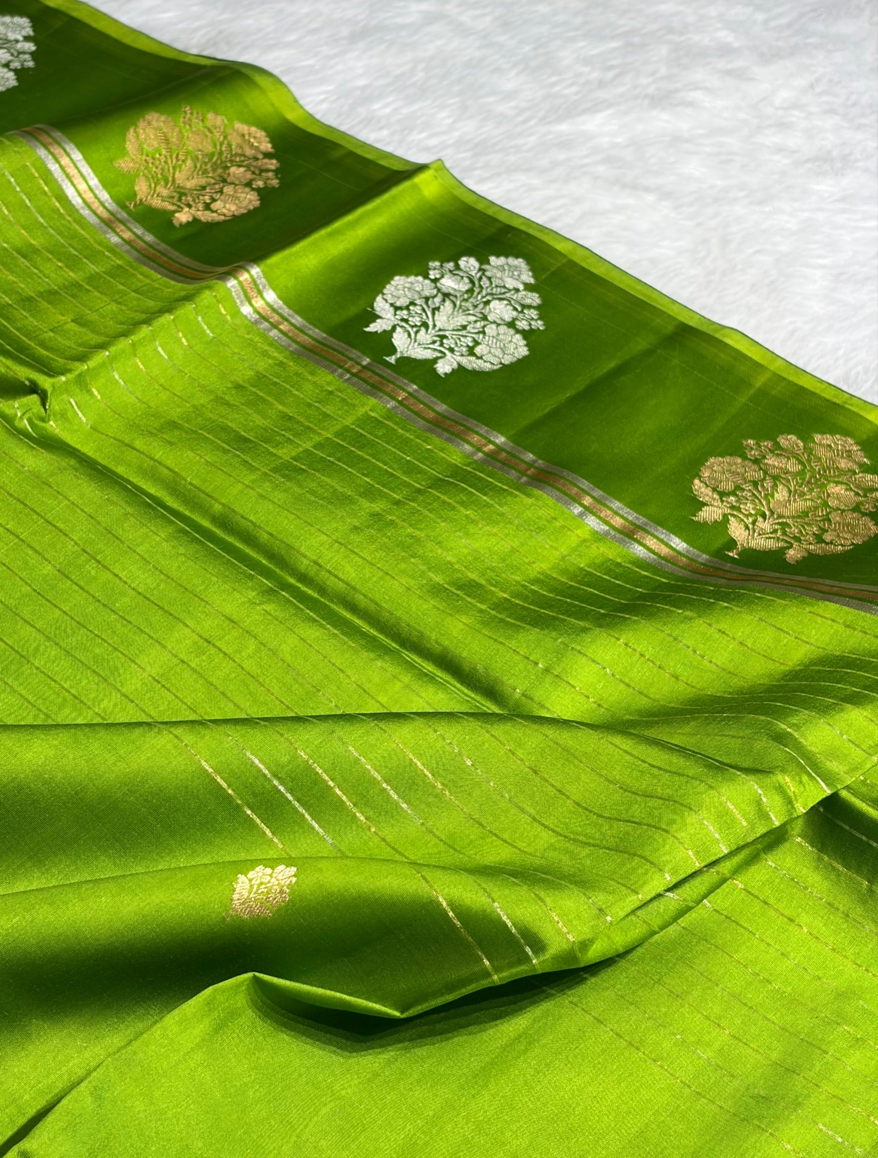 Parrot Green Shades Meena Boota Handwoven Pure Katan Raw Mango Silk RM-01