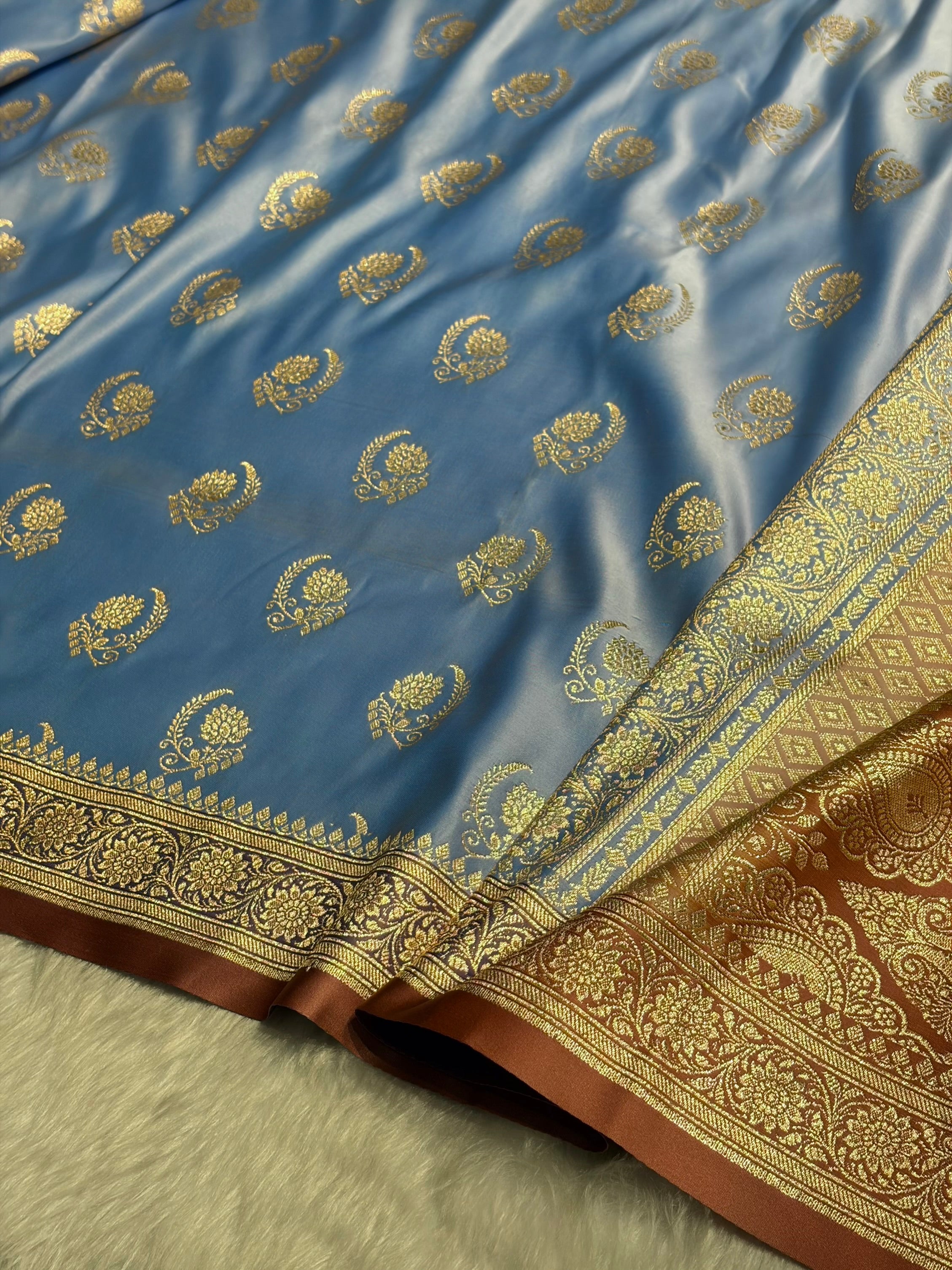Nile Blue with Peach Floral Boota Satin Katan Silk saree SK27