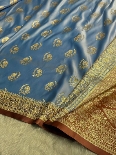 Nile Blue with Peach Floral Boota Satin Katan Silk saree SK27