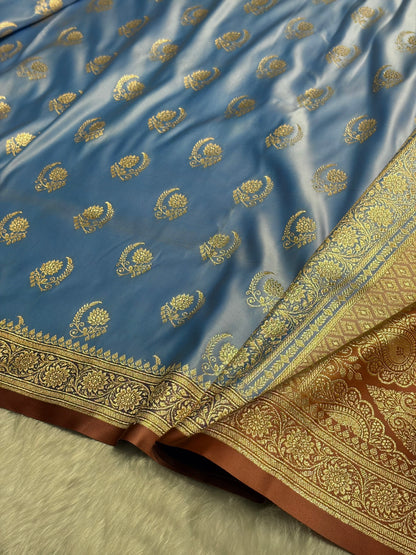 Nile Blue with Peach Floral Boota Satin Katan Silk saree SK27