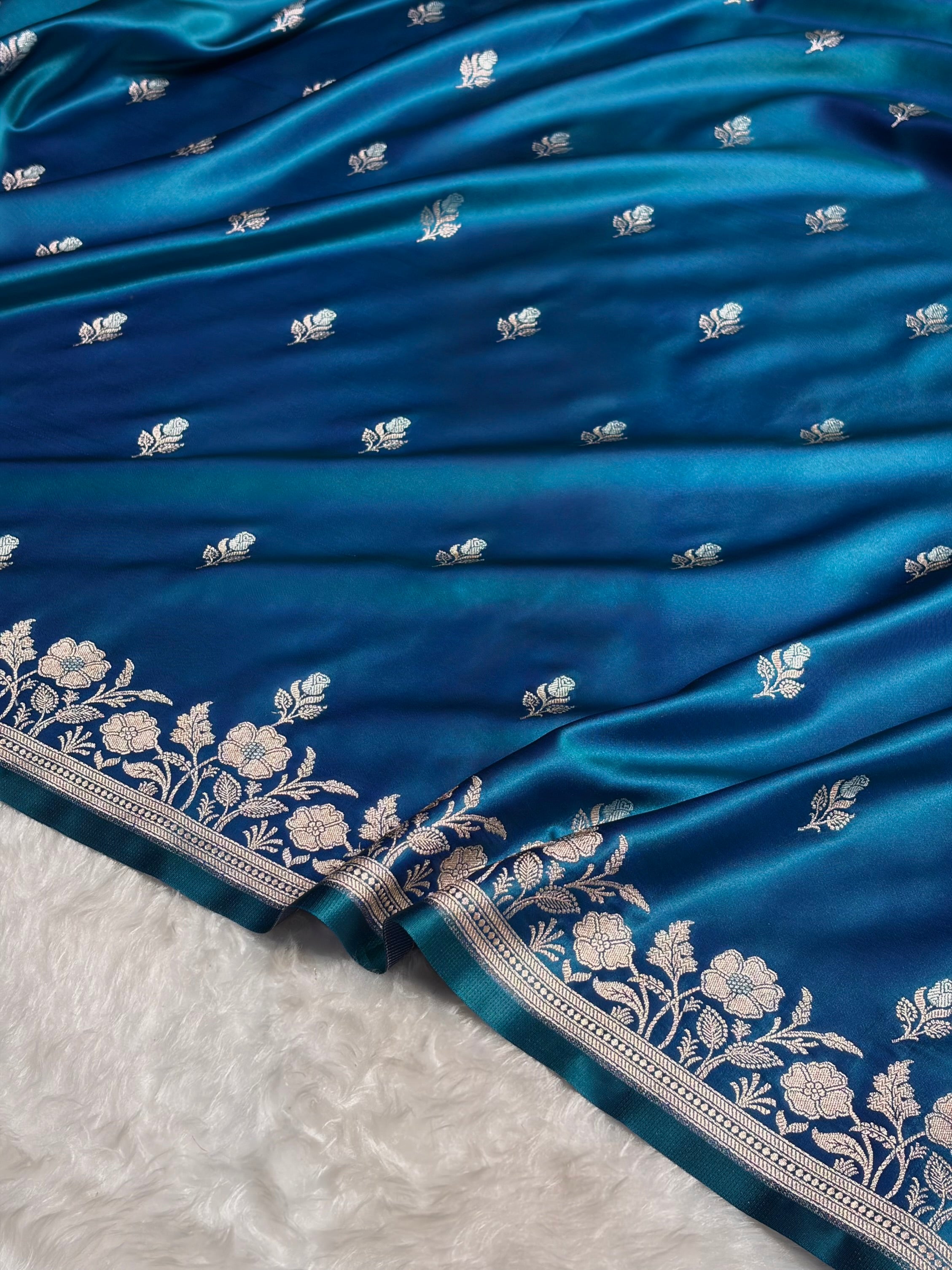 Peacock Blue Boota With Floral Border Mashru Silk Saree MSM-85