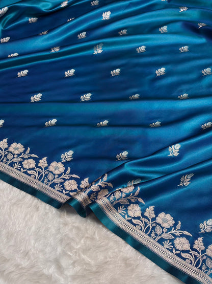 Peacock Blue Boota With Floral Border Mashru Silk Saree MSM-85