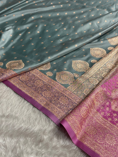 Turquoise with Lavender Booti Satin Katan Silk saree SK29
