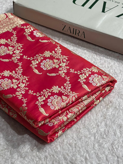 Banarasi Satin Katan Saree With Minakari Jaal Pattern in Gajiri Shades SK126