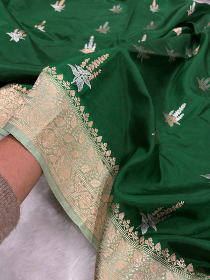Bottle Green With Pista Contrast Shades Meena Boota Handwoven Pure Katan Paper Silk RM-36