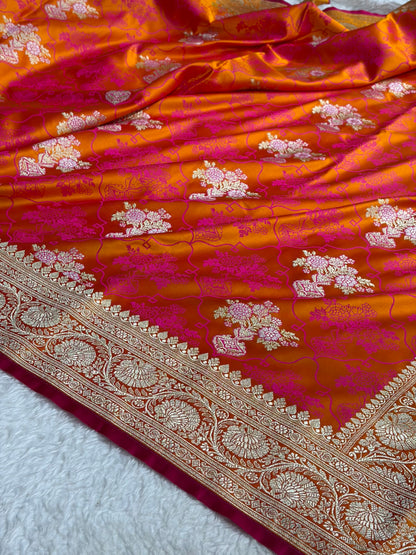 Banarasi Fire Gold Shades Tanchoi Motif Mashru Silk Saree