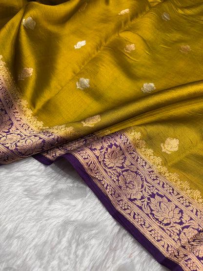 Contrast Mehendi With Purple Shades Boota Handwoven Pure Raw Mango Silk RM-07
