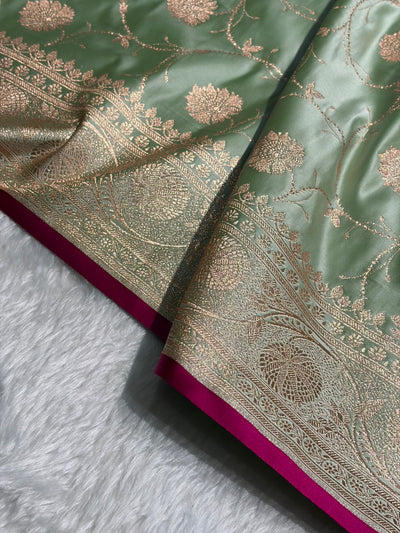Pista Banarasi Jaal Satin Katan Silk Saree SK06