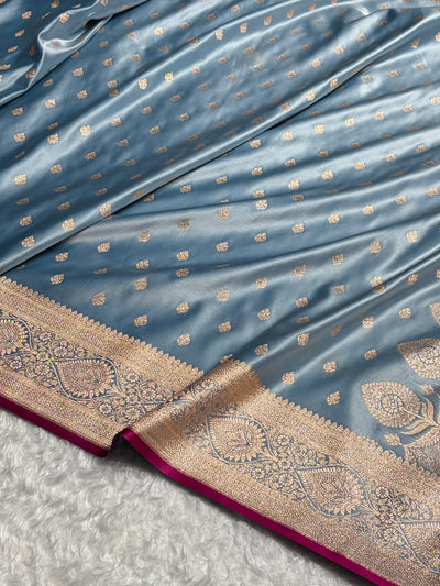 Banarasi Katan Silk Saree In Pastel German Blue Shades SK10