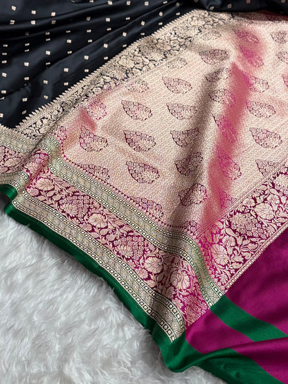 Banarasi Contrast Black With Rani Floral Border Mashru Silk Saree MSM-99