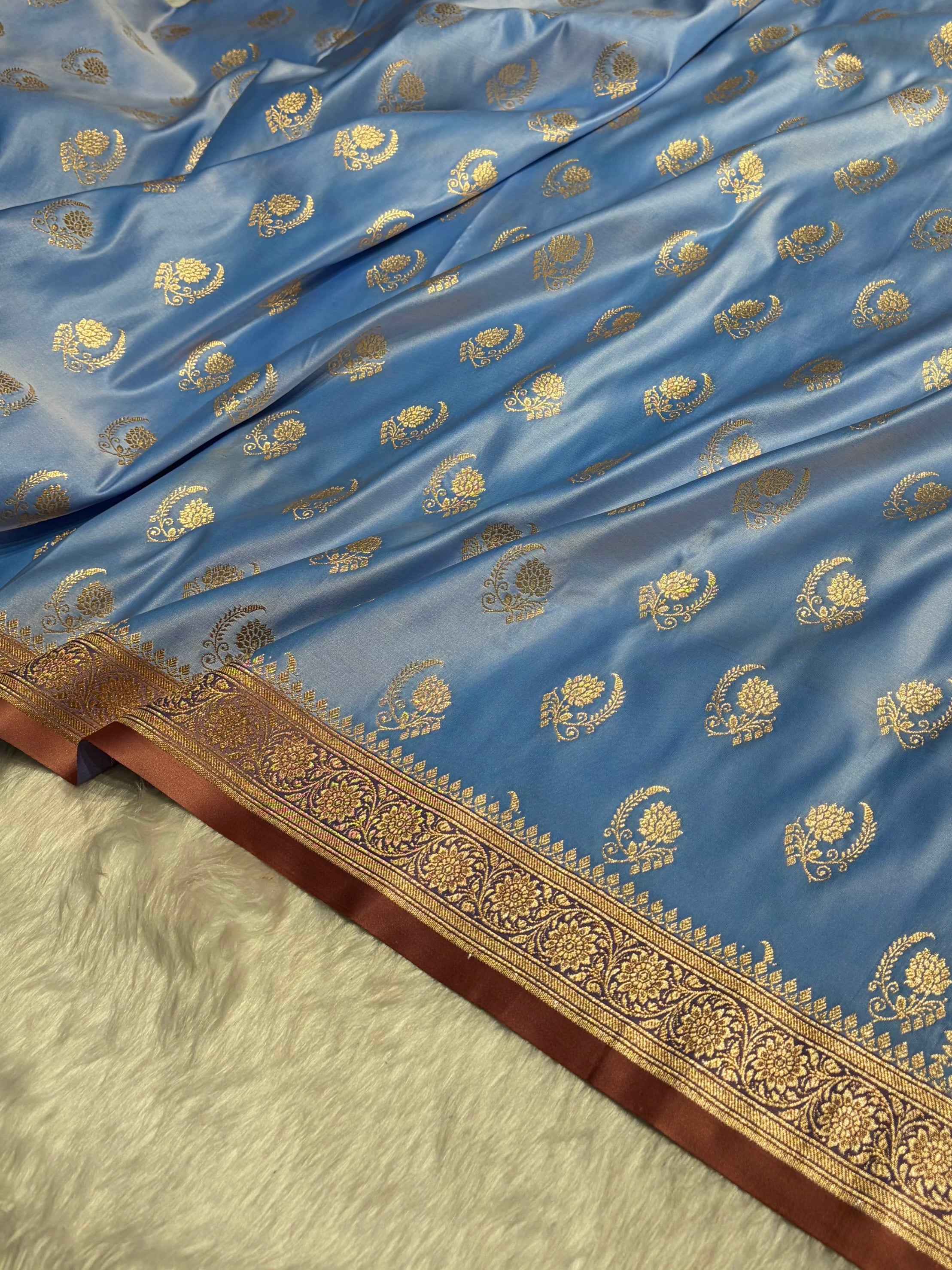 Nile Blue with Peach Floral Boota Satin Katan Silk saree SK27