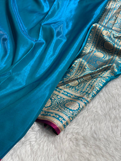 Firozi Shades Jaal Pattern Banarasi Satin Silk Saree SS55