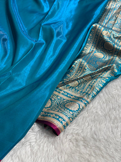 Firozi Shades Jaal Pattern Banarasi Satin Silk Saree SS55