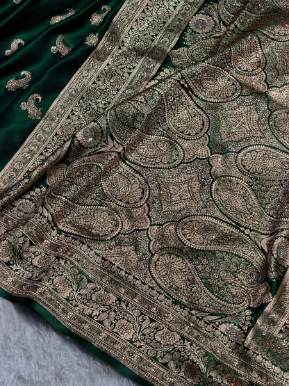 Satin Silk Saree Tredition Banarasi Swarovski Work Floral Boota in Bottle Green Shades BSS27