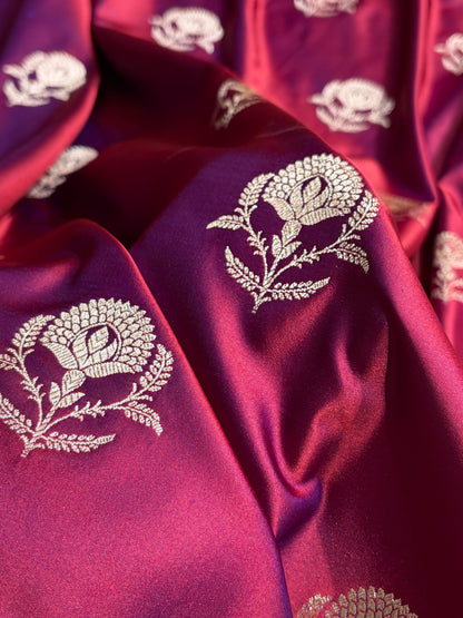 Reddish Magenta Shades Banarasi With Floral Border Mashru Silk Saree MSM-113