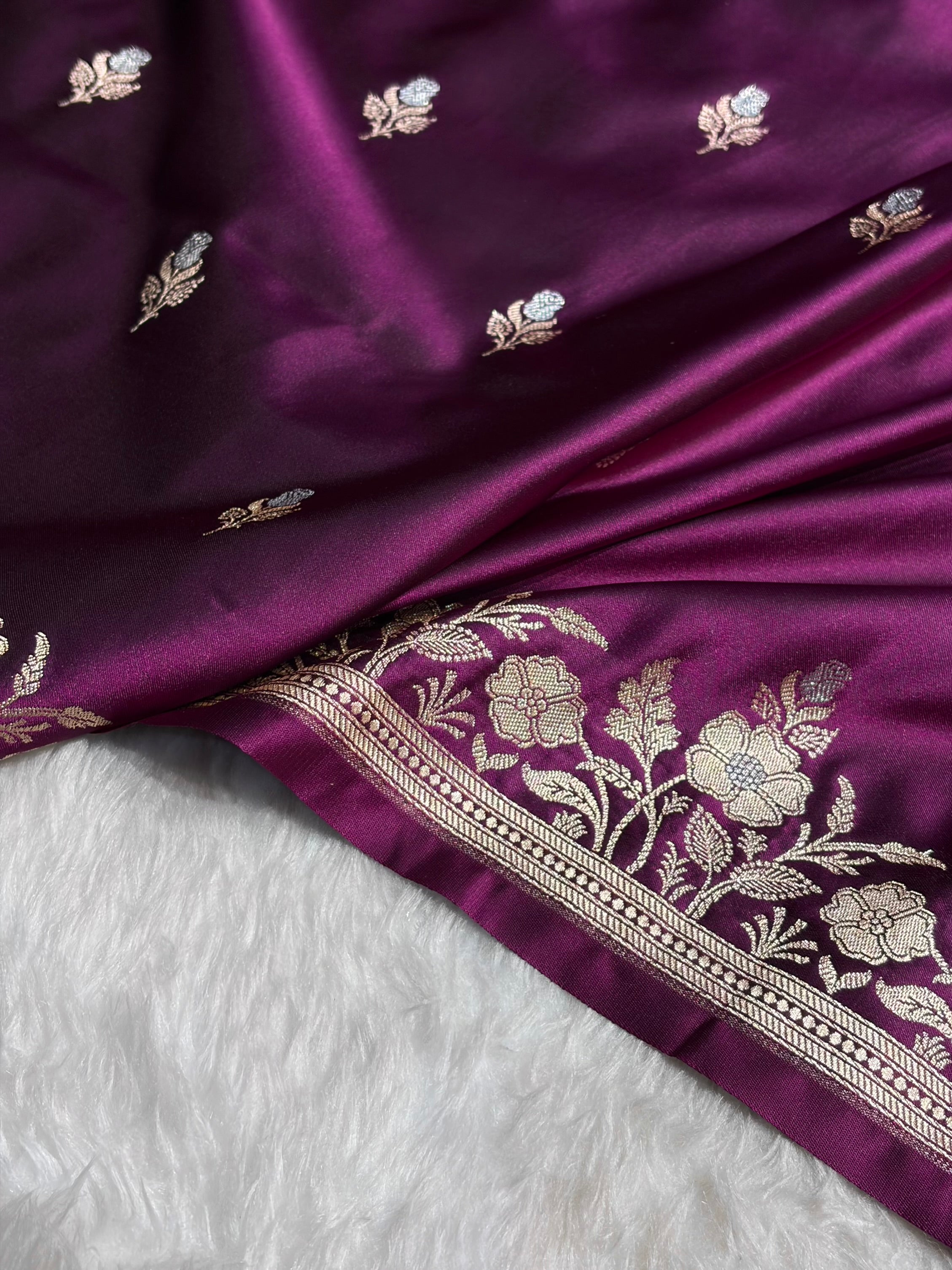 Banarasi Dark Wine Boota With Floral Border Mashru Silk Saree MSM-85