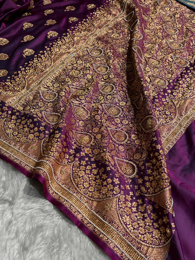Banarasi Satin Katan Saree With Ari & Zardozi Work Boota in Wine Shades BSK111