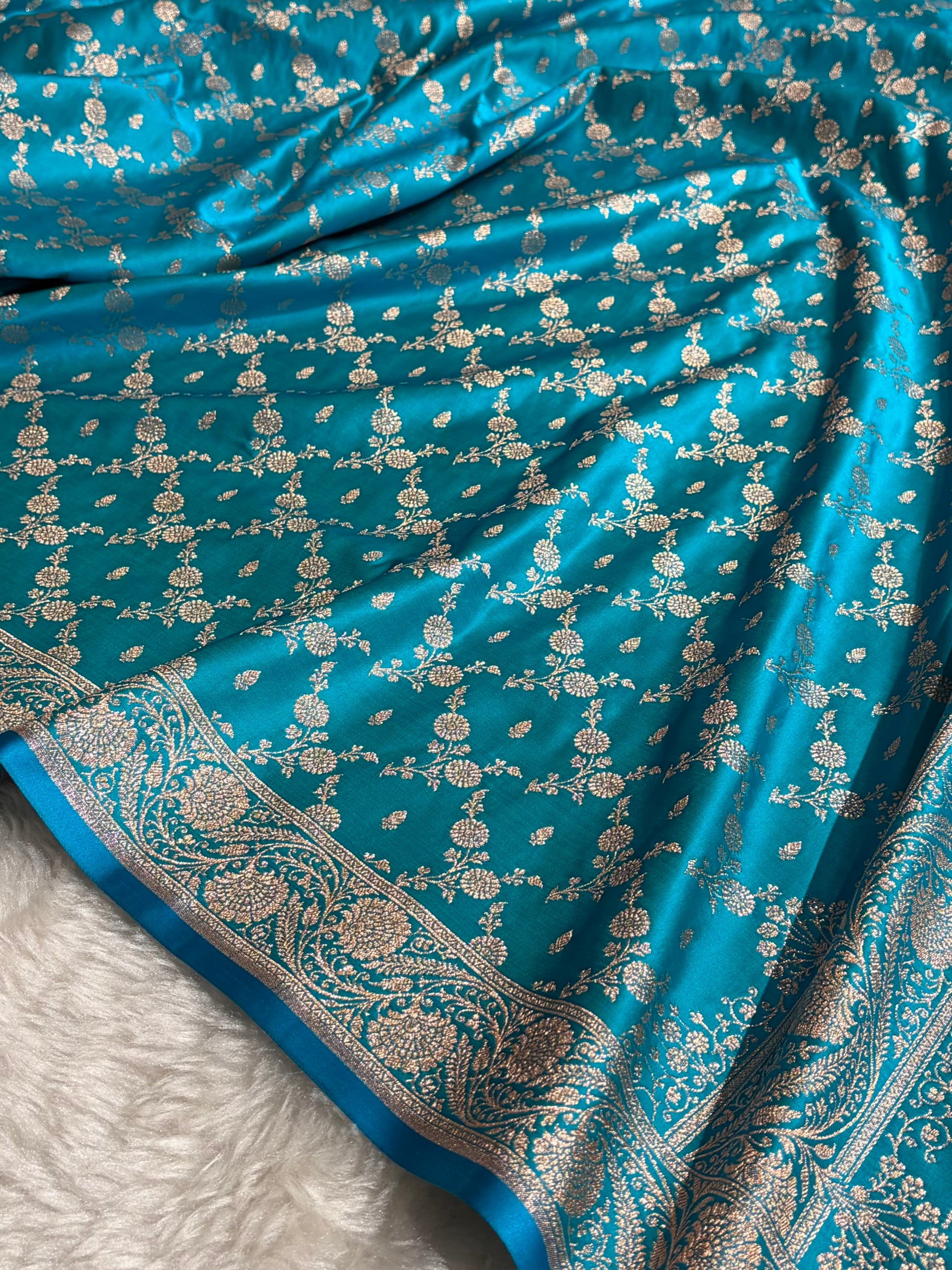 Banarasi Satin Katan Saree Jaal Pattern In Sky Blue Shades SK133