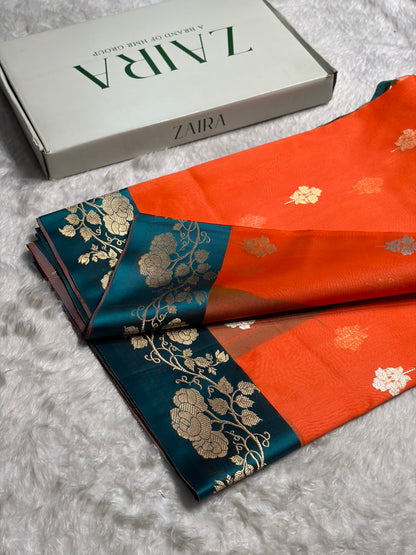 Contrast Pure Banarasi Organza Orange With Rama Floral Banarasi Silk Saree PO-13