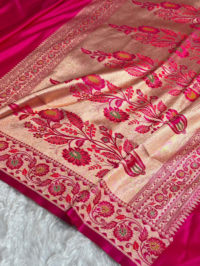 Banarasi Plain Satin Katan Saree Floral Minakari Pallu & Border Pattern in Rani Shades SK152