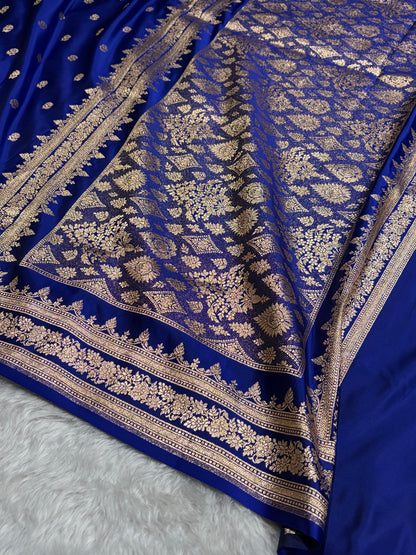 Banarasi Cross Royal Blue Floral Pattern Satin Katan Silk Saree SK76