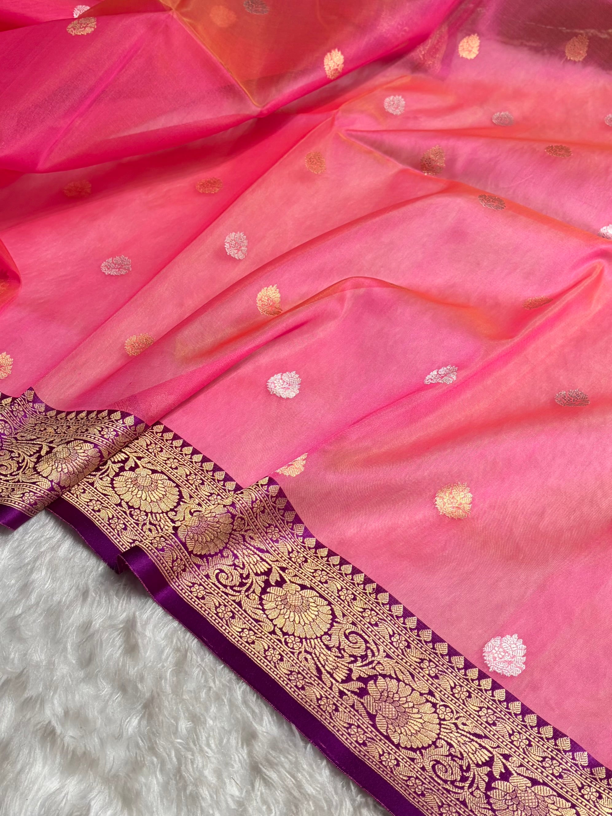 Contrast Pure Banarasi Organza Baby Pink With Wine Floral Banarasi Silk Saree PO-11