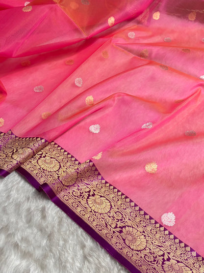 Contrast Pure Banarasi Organza Baby Pink With Wine Floral Banarasi Silk Saree PO-11