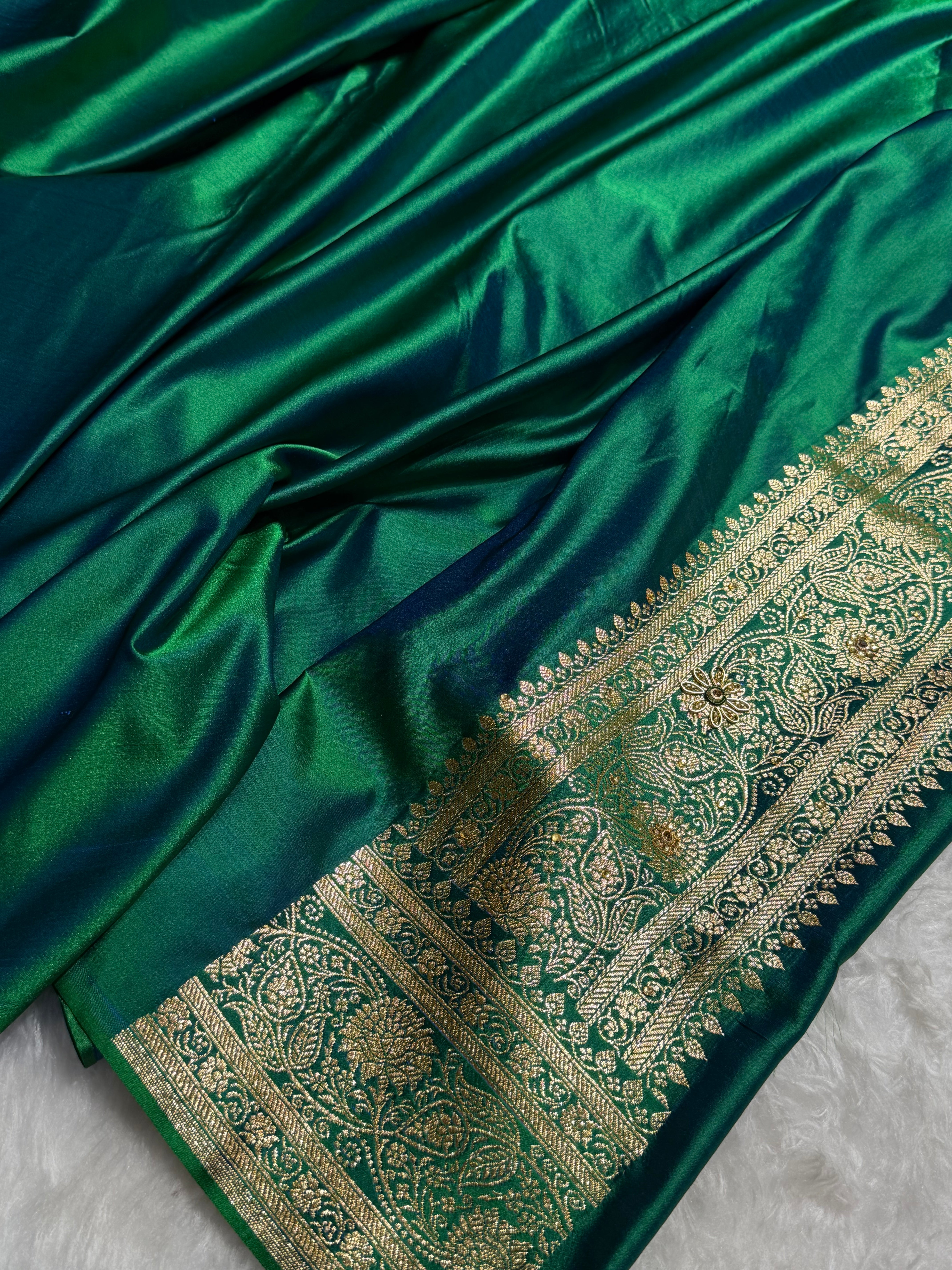 Banarasi Mehandi Booti Pattern With Swarovski Stone Work Satin Katan Silk Saree BSK55