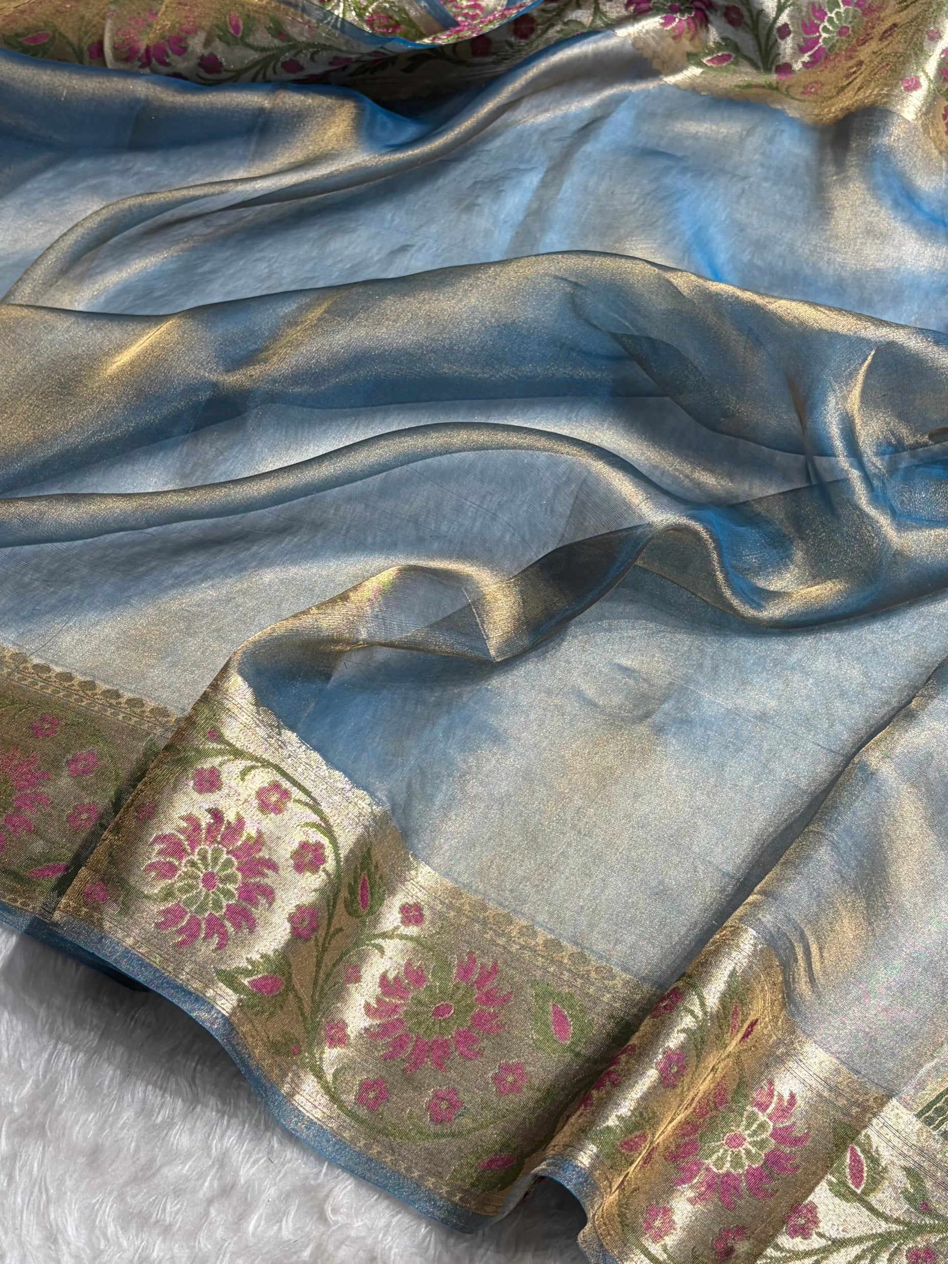 Banarasi Powder Blue Shades With Minakari Border Pure Tissue Silk Saree PT-59