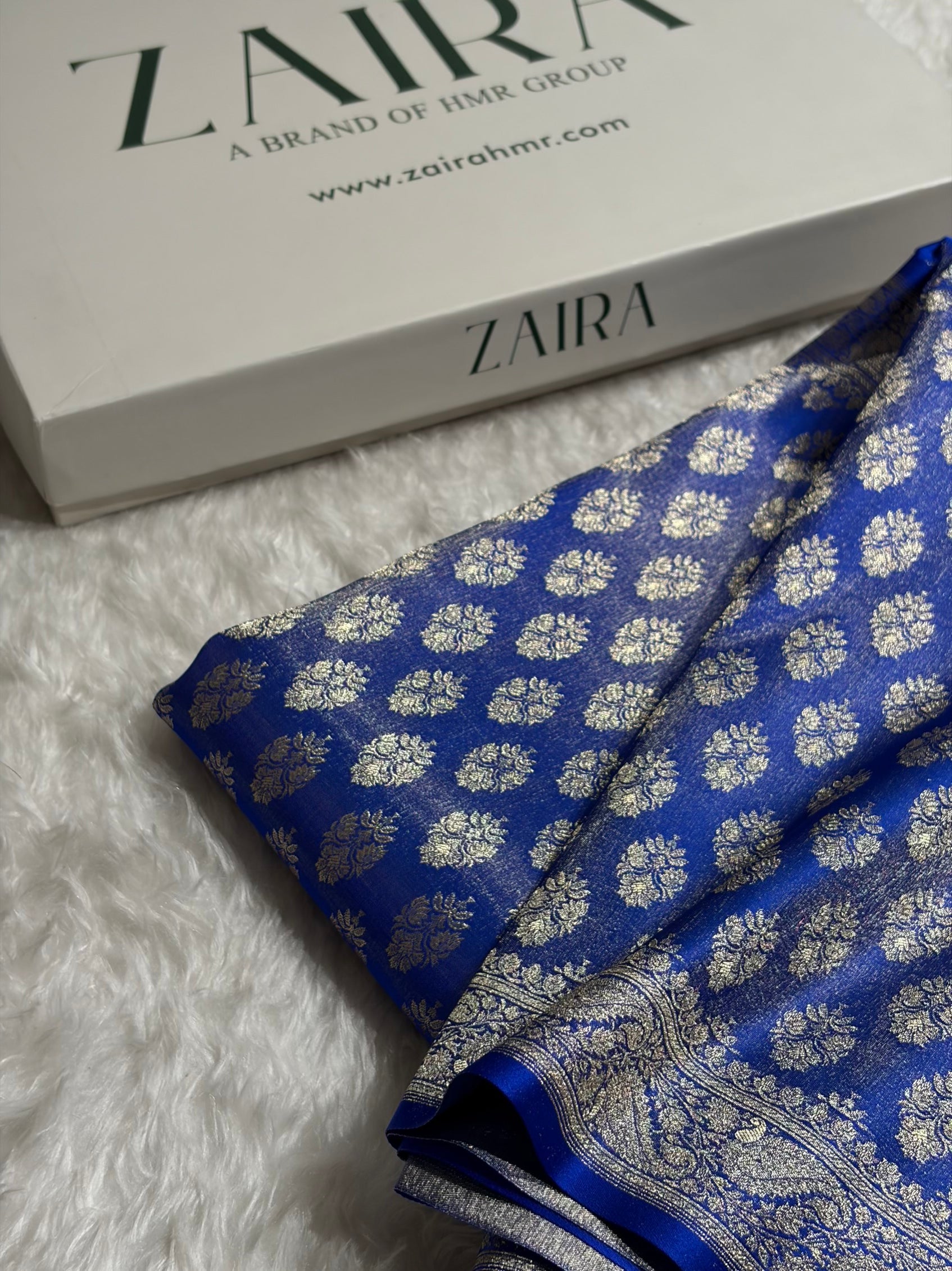Banarasi Cross Royal Blue Shades Satin Tissue Silk Saree In Booti motif ST01
