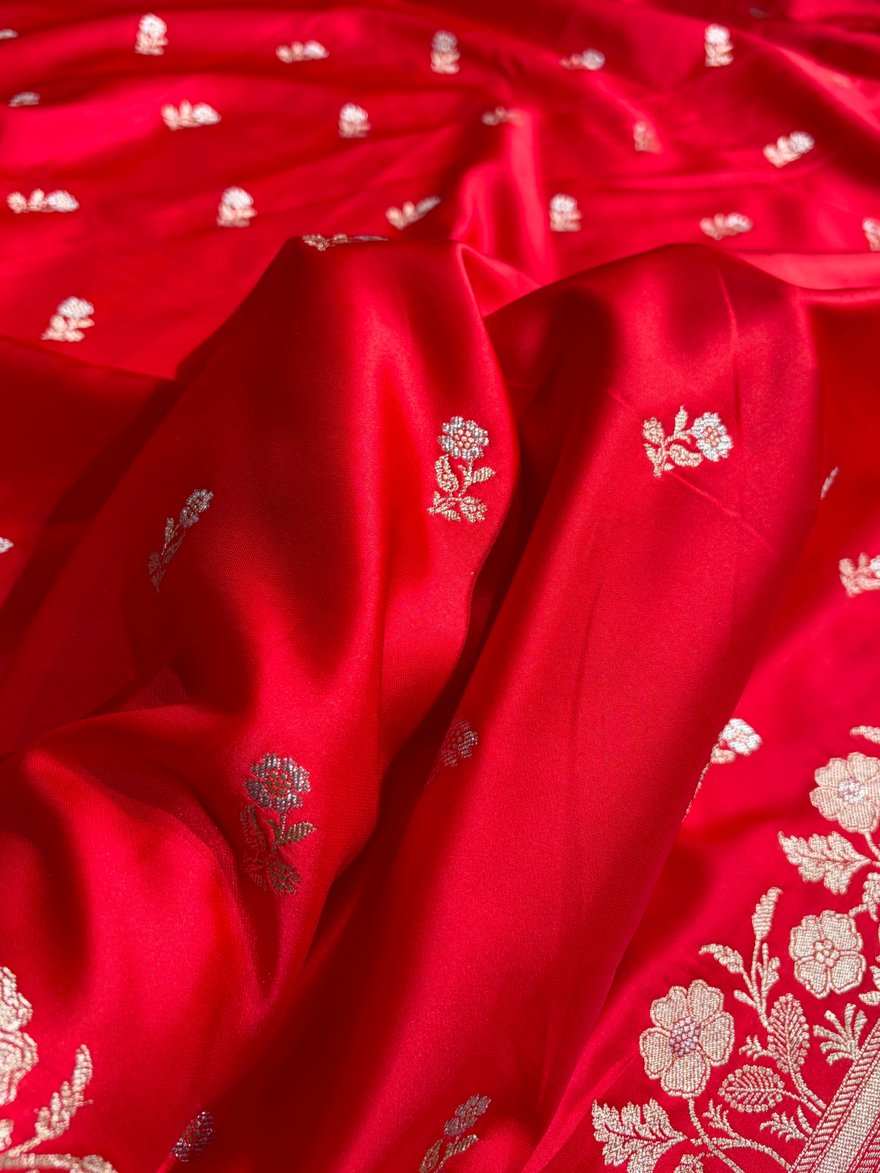 Red Boota With Floral Border Mashru Silk Saree MSM-86