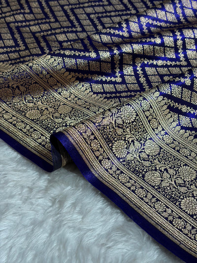 Royal Blue Shades Jaal Pattern Banarasi Satin Silk Saree SS56