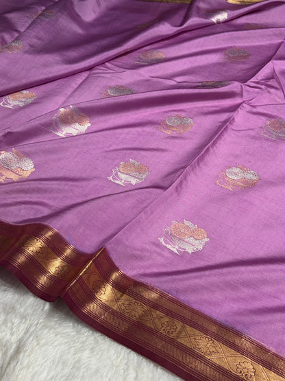 Contrast Lavender With Garnet Boota Handwoven Raw Mango Silk RM-29