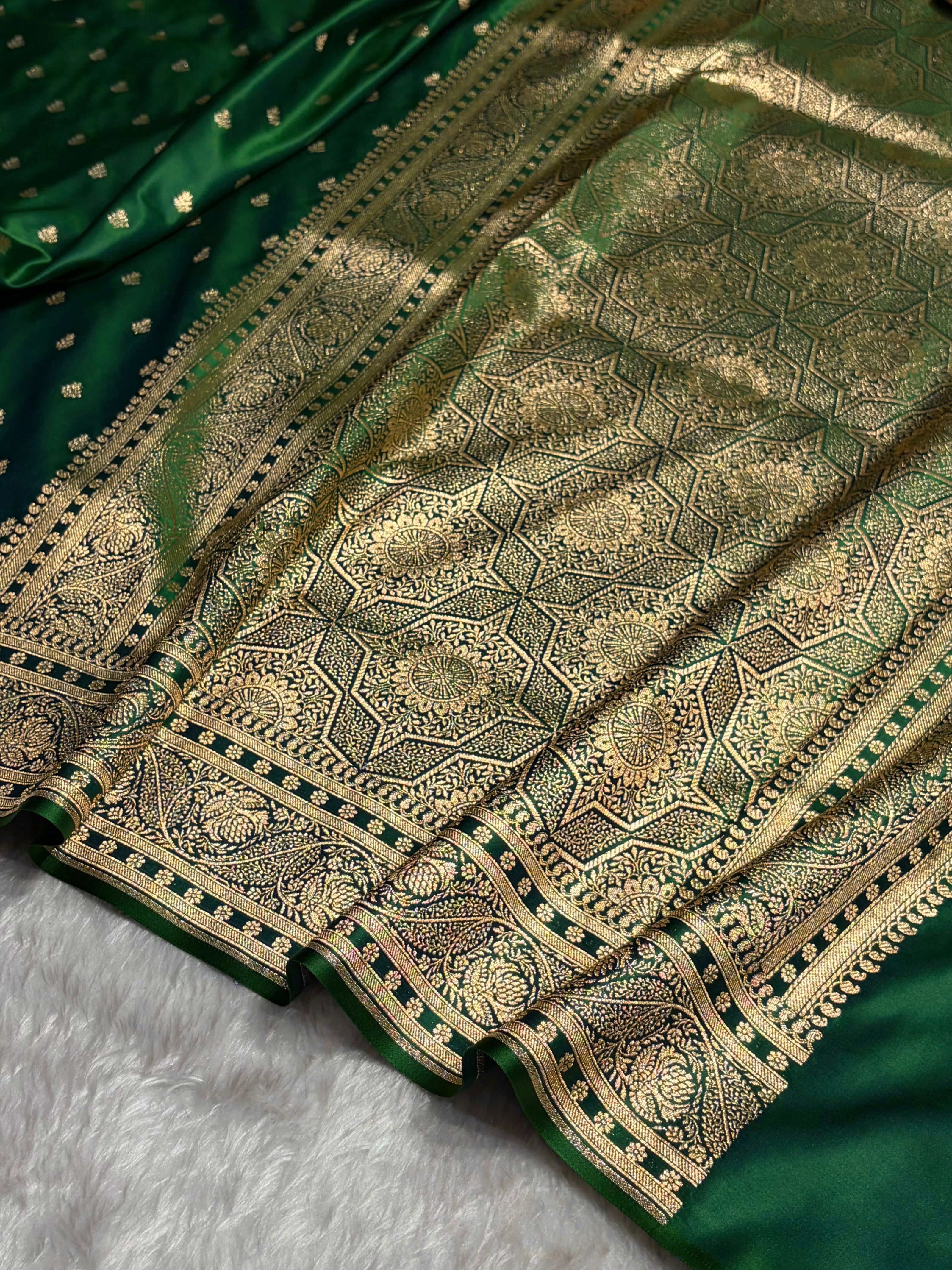 Cross Green Floral Pattern Satin Katan Silk Saree SK78
