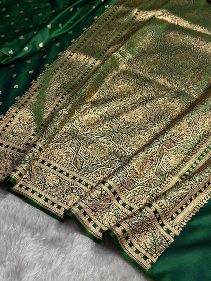 Cross Green Floral Pattern Satin Katan Silk Saree SK78