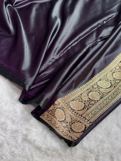 Banarasi Dark Wine Floral Boota Pattern Satin Katan Silk Saree SK71