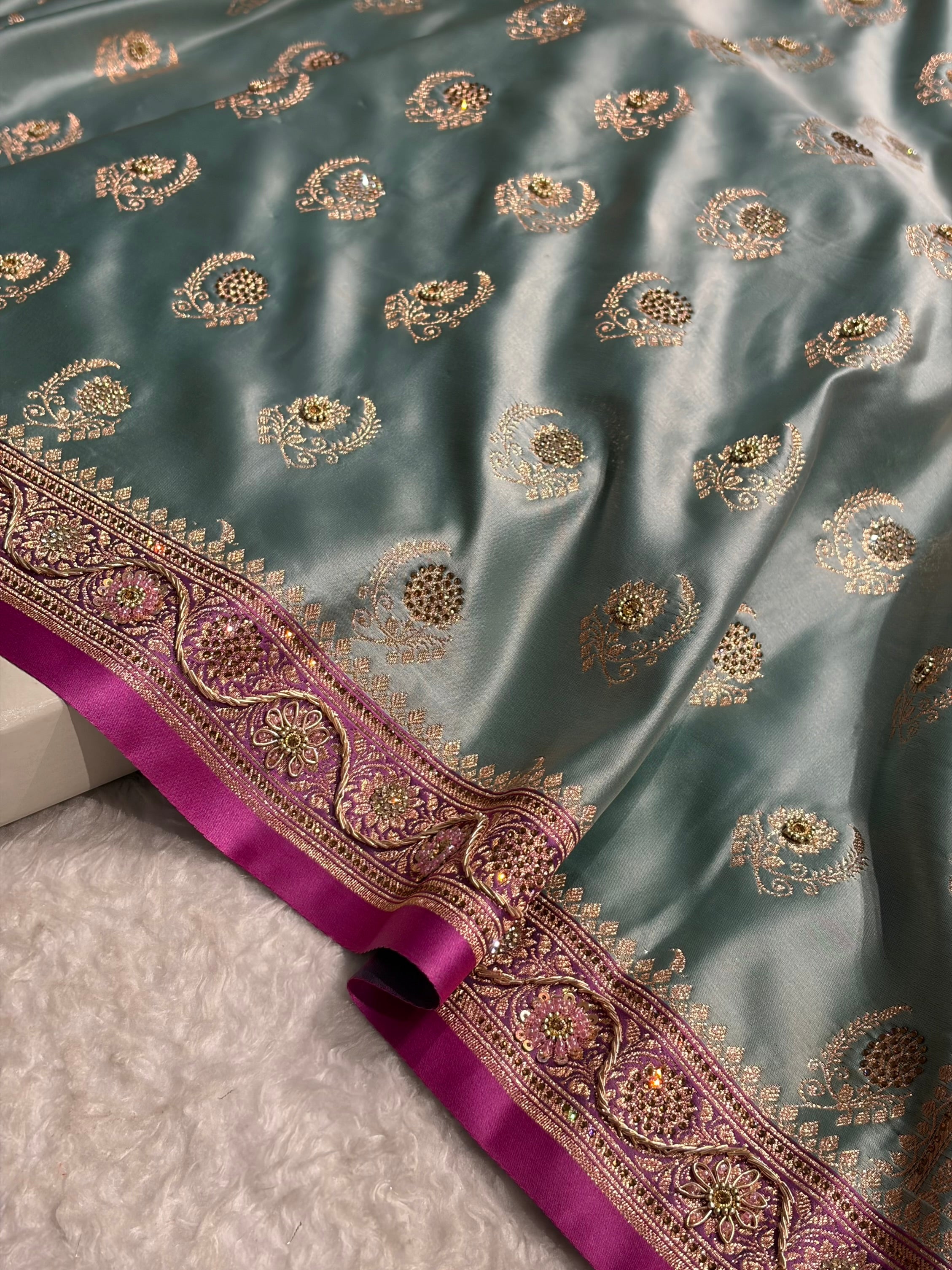 Turquoise with Lavender Floral Boota With Swarovski & Zardozi Work Satin Katan Silk saree BSK27