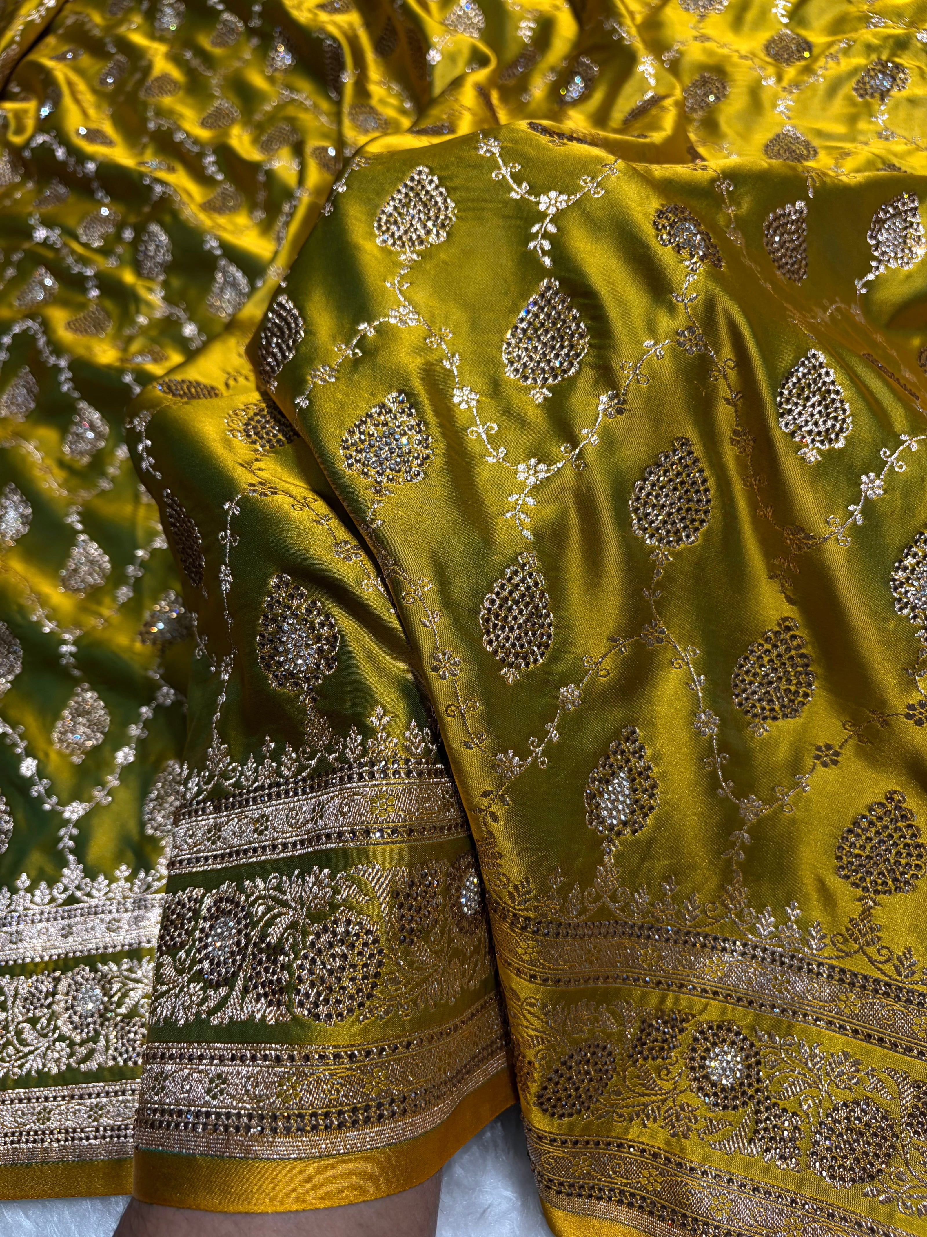 Mehandi Green Floral Jaal Pattern with Sewarovsi Work Satin Katan Silk saree BSK42